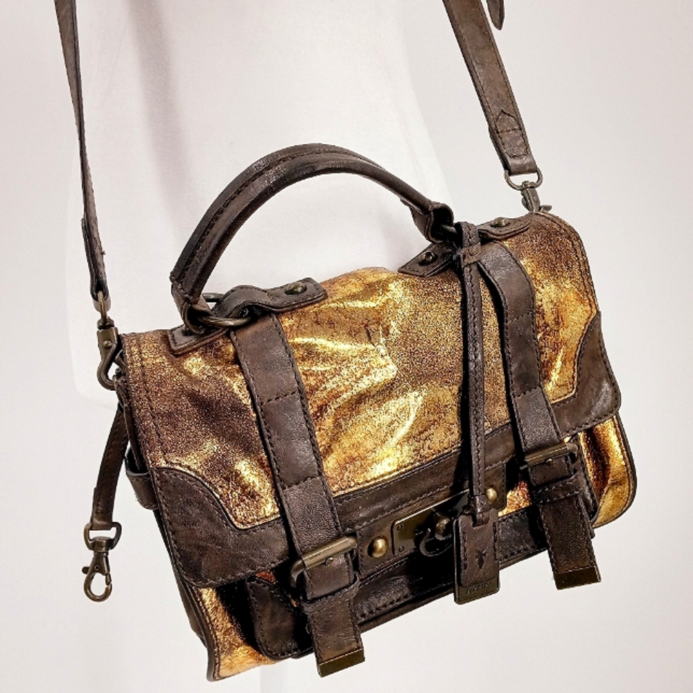 FRYE Cameron Metallic Gold, Copper & Brown Leather Small Satchel Crossbody Bag - Picture 15 of 15